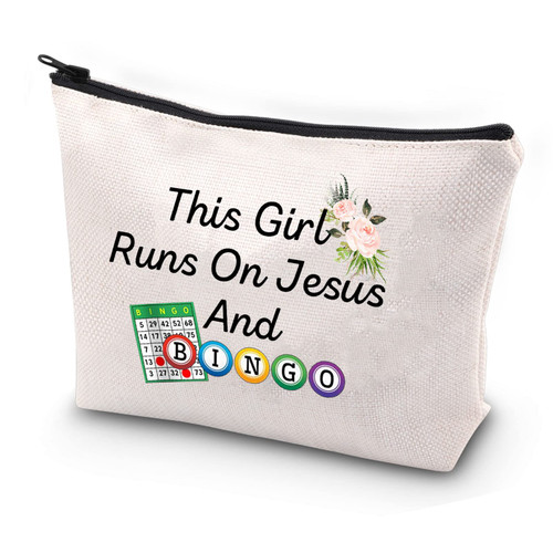 JYTAPP Bingo Lover Gifts Bingo Gambler Gifts This Runs On Jesus And Bingo Cosmetic Makeup Bag Bingo Player Gift Lucky Bingo Pouch Bag Bingo Game Lover Gift
