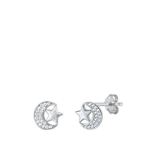 Sterling Silver Chic Fashion Clear CZ Moon & Star Stud Earrings 925 New Sterling Silver Chic Fashion Clear CZ Moon & Star Stud Earrings 925 New