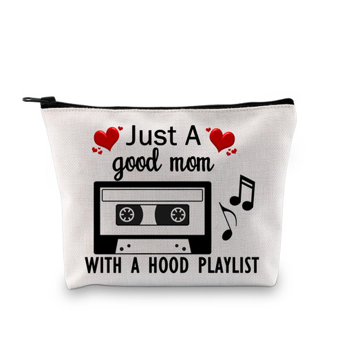 BDPWSS Funny Mom Quote Makeup Bag Just a Good Mom With a Hood Playlist Gangster Rap Mom Zipper Pouch (Mom hood playlist bag)