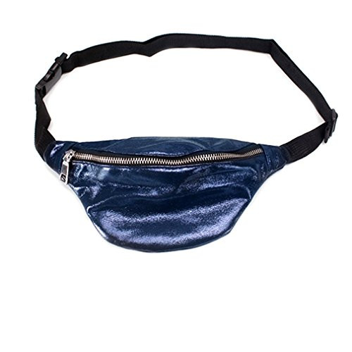 Uniklook Women's Blue Metallic Fanny Pack Bum Bag Purse Waist Bag PU Waterproof Rave Festival Travel Waist Bag
