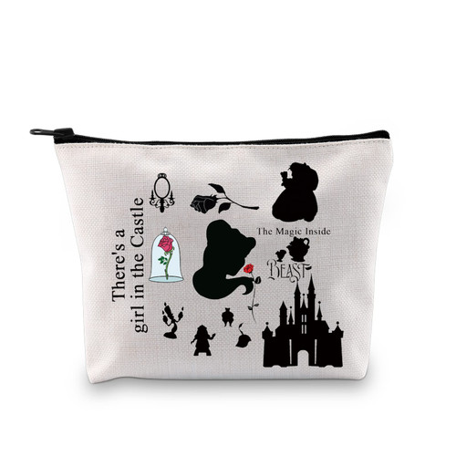 PXTIDY Beauty Story Cosmetic Bag Castle Movie Inspired Belle Princess Rose Makeup Bag Beauty Fairytale Gifts Princess Themed Zipper Pouch Bag
