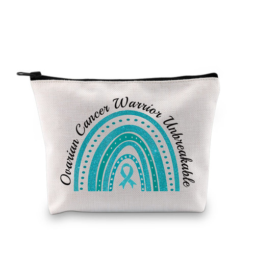 PXTIDY Ovarian Cancer Awareness Gift Ovarian Cancer Warrior Unbreakable Teal Ribbon Makeup Bag Ovarian Fighter Gift Ovarian Patient Zipper Pouch (beige)
