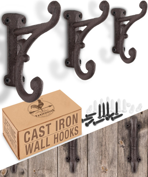 Rustic Cast Iron Coat Hooks (3 Pack) Rustic Dark Brown, Wall Mounted, Farmhouse Decorative, Heavy Duty Wall Hooks for Hanging Coats, Hats, Towels (Mounting Hardware Included)