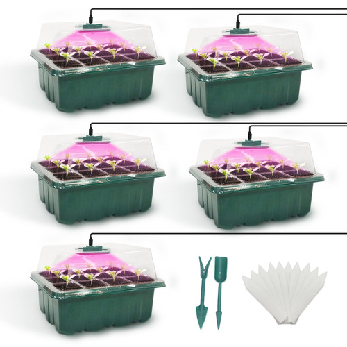 HUMASOL Seed Starter Tray with Grow Light, 5 Pcs Seed Starter Kit with Light, Seedling Starter Trays with Humidity Domes, Indoor Gardening Plant Germination Trays (12 Cells per Tray)