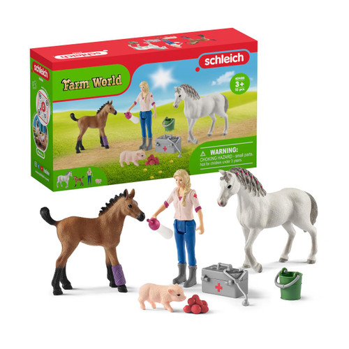 Schleich Farm World, Farm Animal Toys for Kids Vet Visiting Mare and Foal with Veterinarian and Horse Toys 9-Piece Set, Ages 3+