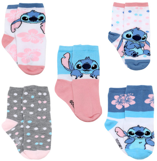 Disney Lilo and Stitch 5 Pair Pack Set Novelty Character Crew Socks for Girls, White, Medium