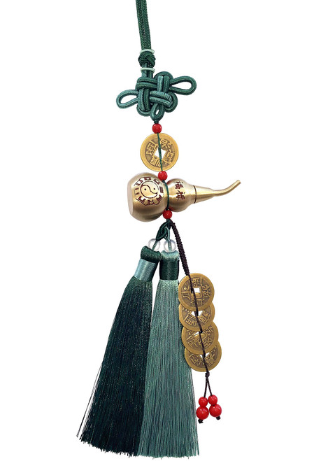 Feng Shui Bagua Wu Lou Hu Lu Gourd Calabash with Five Emperor's Money Coins Hanging Tassel Ornament Decoration Blessing Gift (Green)