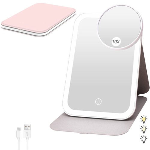 LIWEGHT Travel Makeup Vanity Mirror, Rechargeable Lighted Makeup Beauty Mirror with 10X Magnifying Mirror, 3 Color Lighting, Dimmable Touch Screen, Tabletop LED Folding Cosmetic Mirror, Pink LIWEGHT Travel Makeup Vanity Mirror, Rechargeable Lighted Makeup Beauty Mirror with 10X Magnifying Mirror, 3 Color Lighting, Dimmable Touch Screen, Tabletop LED Folding Cosmetic Mirror, Pink