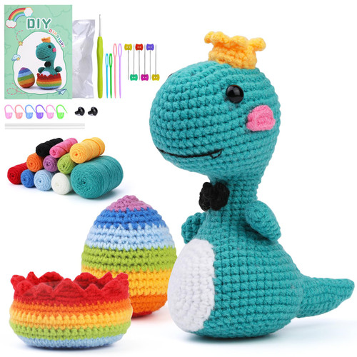 PTFJZ Crochet Kit for Beginners with Step-by-Step Video Tutorials for Adult and Kids Crochet Beginner Kit DIY Crochet Starter Kit (Crochet Animal Dinosaur 3Pcs)