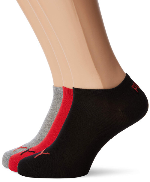 Puma Men's and Women's 3 Pair Invisible Sneaker Socks 2-5 Unisex Black/Red/Grey