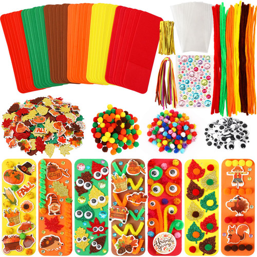 JULBEAR 36 Sets Fall Crafts Kits DIY Blank Foam Bookmarks Decorations Sets Leaf Foam Self-Adhesive Stickers Arts for Kids Autumn Thanksgiving Halloween Party Favors Classroom Activity Gift
