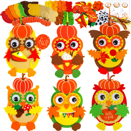 Winlyn 24 Sets Fall Owl with Pumpkin Ornaments Decorations Art Sets DIY 3D Fall Owl with Pumpkin Craft Kits Pumpkin Fall Leaf Felt Stickers for Kids Thanksgiving Halloween Home Classroom Activities