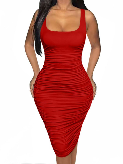 BEAGIMEG Women's Sexy Bodycon Sleeveless Ruched Tank Top Casual Basic Club Party Midi Dress red