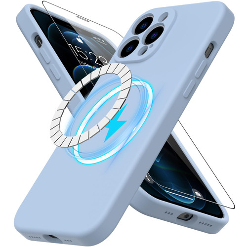 DEENAKIN for iPhone 13 Pro Max Case Silicone with Screen Protector - [Compatible with MagSafe] - Camera Cover - Slim Fit Protective Magnetic Phone Case 6.7" for Women Girls Light Blue