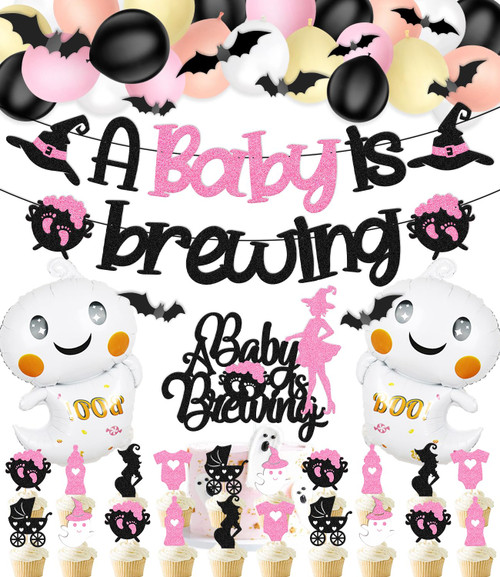 66 PCS A Baby is Brewing Party Decorations Halloween Baby Shower Banner Cake Cupcake Topper Witch Ghost Balloons for Halloween Gender Reveal Theme Pregnancy Celebration Party Supplies(Pink) 66 PCS A Baby is Brewing Party Decorations Halloween Baby Shower Banner Cake Cupcake Topper Witch Ghost Balloons for Halloween Gender Reveal Theme Pregnancy Celebration Party Supplies(Pink)