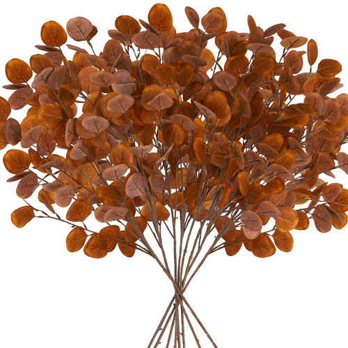 8pcs Fall Artificial Eucalyptus Leaves Faux Stems, Brown Silk Silver Dollar Eucalyptus Branch, Fall Eucalyptus Leaves Greenery Stems Plants for Fall Floral Arrangement Thanksgiving Table Centre Decor