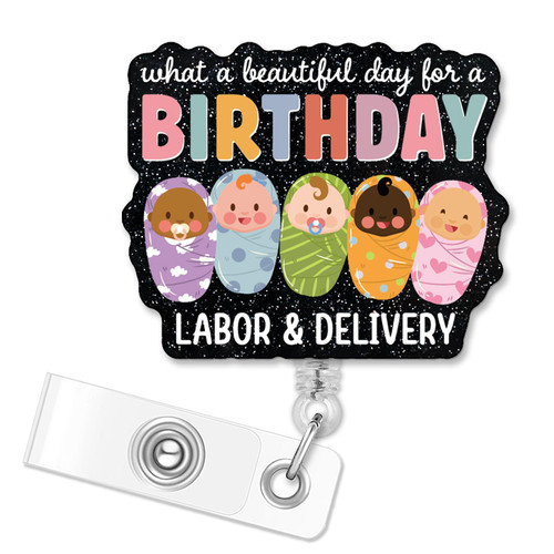ERHACHAIJIA What A Beautiful Day Retractable Black Glitter Badge Reel with Alligator Clip, Funny Labor & Delivery Baby ID Card Badge Holder Gift for Nurses Doctors RN EN L&D OB NICU Nurse OBGYN
