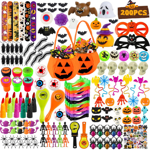 GOAUS Halloween Party Favors 200 Pcs, Halloween Treats Non-Candy Trick or Treat Toys Bulk, Gifts Prizes for Kids, Goodie Bag Fillers Treat Bag Stuffers