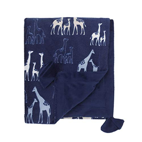 NoJo Serendipity - Navy Giraffe Print Plush Baby Blanket, Navy, Light Blue, Grey, Ivory