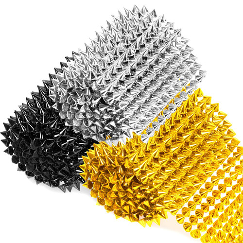 Rustark 3Pcs 3 Yards Sew Stitch On Spike Stud Set, Gold Silver Black Spikes Mesh Rivets Flat Back Spike Studs Pointed Spike Studs Trim Bead Spikes for Punk Rock Clothing DIY Craft Decor