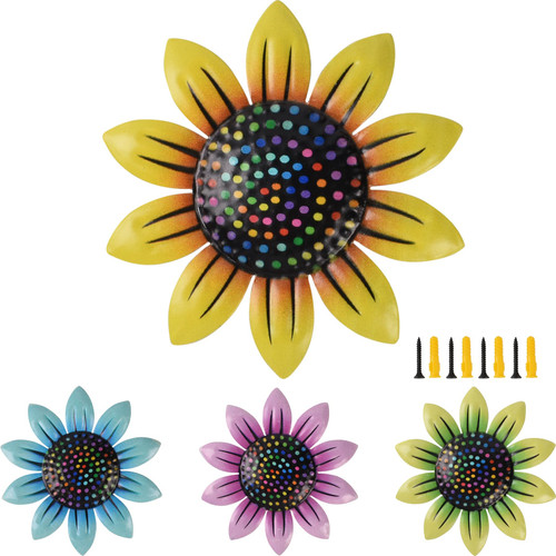 Redvigh Metal Flower Wall Art Decor 4PCS, Sunflower Garden Ornaments 3D Daisy Flower Hanging Wall Decorations for Bedroom Living Room Bedroom Indoor Outdoor