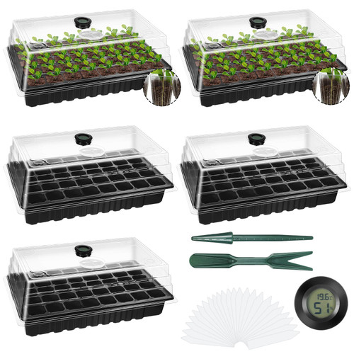 5 Pack Seed Starter Tray with Hygrometer Thermometer Plant Starter Kit with Humidity Dome 40 Cell Seedling Starter Trays Plant Germination Trays Indoor Greenhouse Kits for Seeds Growing Starting