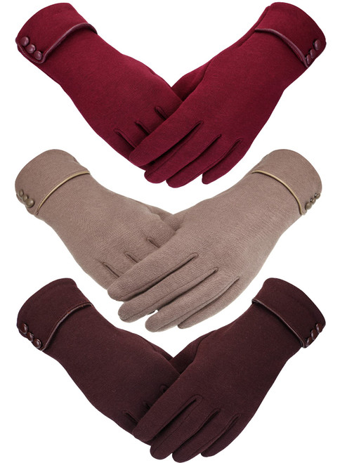 Patelai 3 Pairs Womens Gloves Winter Touchscreen Texting Phone Windproof Gloves Fleece Lined Cold Weather Warm Gloves (Wine Red, Brown, Khaki)