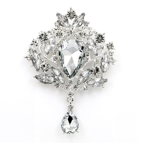 Gyn&Joy Silvery Tone Vintage Clear Crystal Rhinestone Flroal Teardrop Wedding Bridal Brooch Pin
