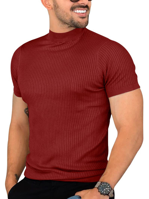 Pretifeel Mens Short Sleeve Sweater Mock Neck Basic Pullover Solid Slim Fit Knit T Shirt Wine Red