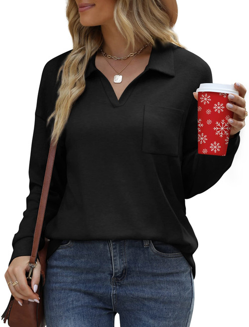 Long Sleeve Button Down Shirts Loose Business Casual Tops Work Blouses for Women Dupes Black L