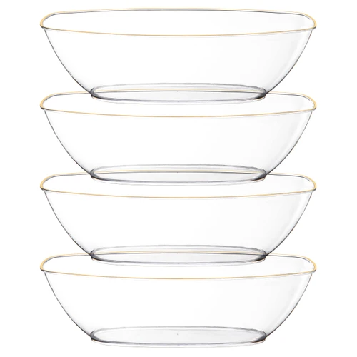 Posh Setting Oval Serving Bowls, Clear/Gold Rim Plastic Serving Bowls, 4 Pack, 72 Ounce Large Plastic Disposable Party Snack, Buffet, Chips, or Salad Bowl, Heavy Duty