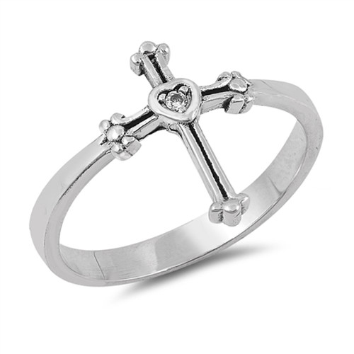Solitaire Clear CZ Heart Cross Ring Sterling Silver Christian Band Size 4