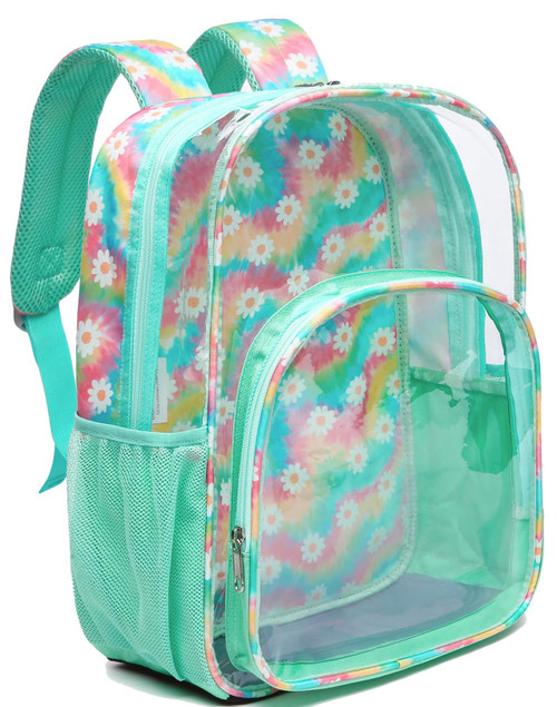 Daisy Backpack Clear Backpack Heavy Duty Stadium Approved Transparent Plastic See Through Bag with Reinforced Bottom & Round for Girls for School Work Security Travel Mochila Clara ( Teal Flower)