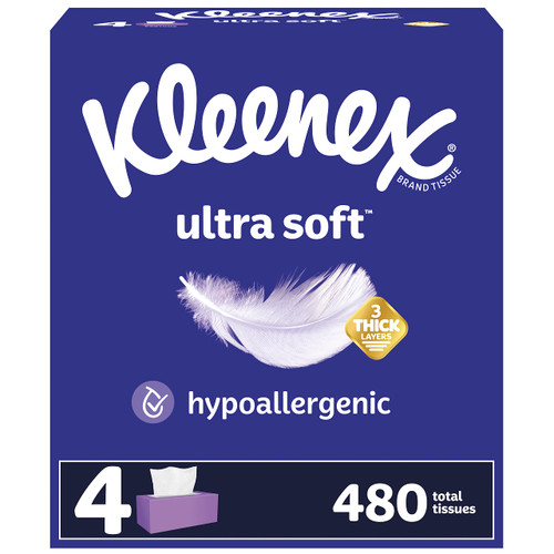 Kleenex Ultra Soft Facial Tissues, 4 Flat Boxes, 120 Tissues per Box, 3-Ply (480 Total Tissues), Packaging May Vary