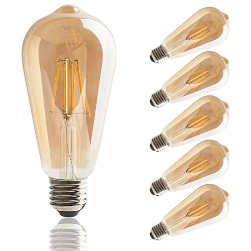 ST64 LED Edison Bulbs, 4W Vintage LED Filament Light Bulb?Dimmable LED Light Bulb, Amber Glass Cover,2700K, Antique Style, e26 Medium Screw Base?6 Pack