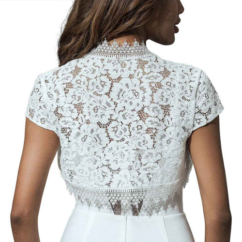 Unicra Evening Lace Bolero Jackets Short Sleeves Party Bride Wedding Dress Shrug Top Bridal Bolero Sheer Crop Cardigan for Women (M (8-10), White)