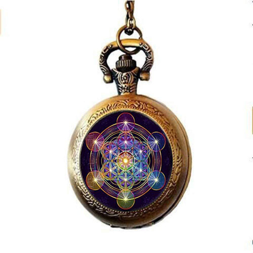 Metatron Cube Pocket Watch Necklace,Sacred Geometry Flower of Life Jewelry, Chakra Spiritual Pocket Watch Necklace