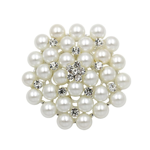 Gyn&Joy Elegant Imitation Pearl Floral Clear Crystal Rhinestone Wedding Bridal Flower Pin Brooch (Silver Tone)