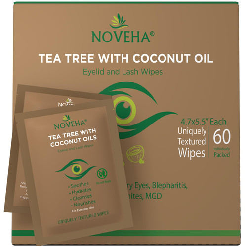 NOVEHA Tea Tree & Coconut Oil Eyelid & Lash Wipes | For Demodex, Blepharitis & Itchy Eyes, Box Of 60 Individually Wrapped Eyelash Wipes With Aloe Vera, Natural Makeup Remover & Daily Eye Cleanser