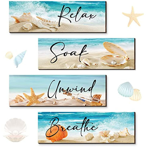 BoeshiBa 4 Pieces Ocean Beach Bathroom Wall Decors Wood Relax Soak Unwind Breathe Wall Art Bathroom Sign Hanging Seashell Starfish Wooden Sign for Living Room Laundry Bathroom Spa Washroom