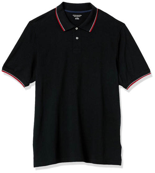 Amazon Essentials Men's Regular-Fit Cotton Pique Polo Shirt (Available in Big & Tall), Black Red Stripe, Large