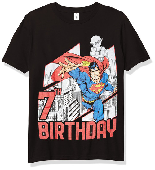 DC Comics Superman Super 7th Birthday Boy's Premium Solid Crew Tee, Black, Youth X-Large