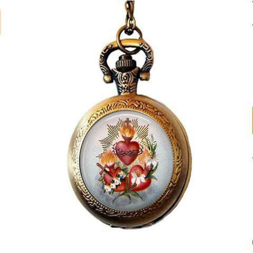 Three Sacred Hearts with Flowers Pocket Watch Necklace Heart of Jesus Religious Jewelry Gift Three Sacred Hearts with Flowers Pocket Watch Necklace Heart of Jesus Religious Jewelry Gift