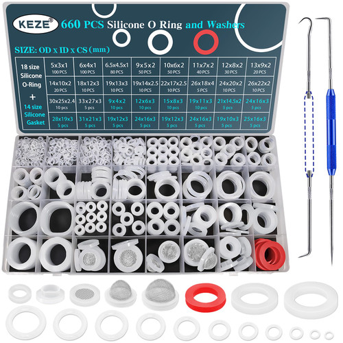 KEZE 660 PCS 18 Size Clear Food Grade Silicone O Ring Assortment Kit and 14 Size Silicone Washer Set,Silicone Oring for Seal Plumbing Faucet Hose