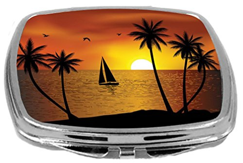 Rikki Knight Compact Mirror, Silhouette Boat Palm Trees On Sunset