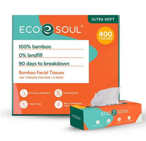 ECO SOUL 100% Bamboo Premium Facial Tissue Cube Box 400 Count | 4 Pack of 100 | Hypoallergenic, Eco-Friendly, 2 Ply Facial Paper Tissue, Sustainable ECO SOUL 100% Bamboo Premium Facial Tissue Cube Box 400 Count | 4 Pack of 100 | Hypoallergenic, Eco-Friendly, 2 Ply Facial Paper Tissue, Sustainable
