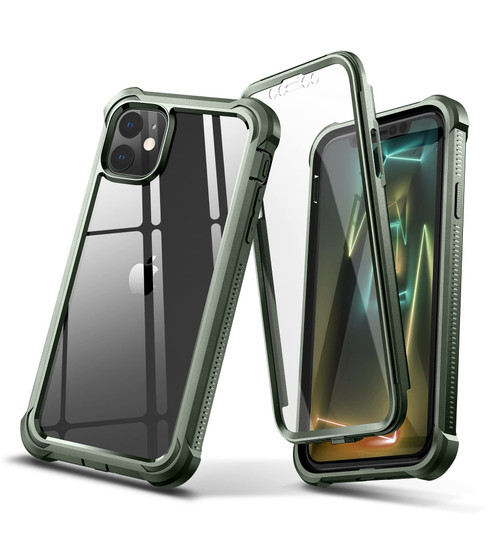 Dexnor iPhone 11 Case with Screen Protector Clear Rugged 360 Full Body Protective Shockproof Hard Back Defender Dual Layer Heavy Duty Bumper Cover Case for iPhone 11 6.1"-Metallic Green