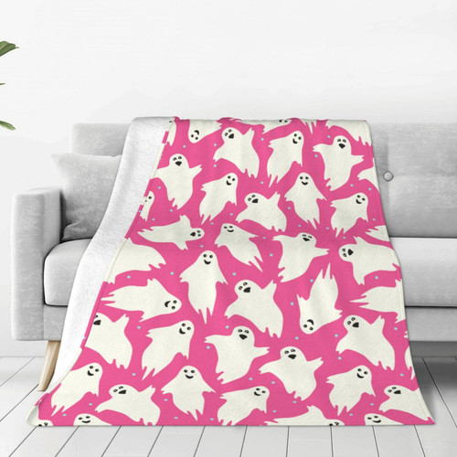 Halloween Ghost Pink Blanket Halloween Throw Blanket Flannel Lightweight Soft Plush Fuzzy Blankets for Bed Sofa Couch Livingroom Chair Car Travel Pet 50"x40"