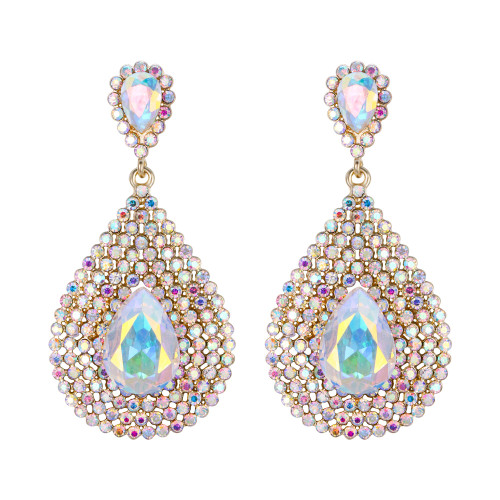 Flyonce Women's Crystal Wedding Bridal Hollow Teardrop Dangle Earrings Iridescent Clear AB Gold-Tone