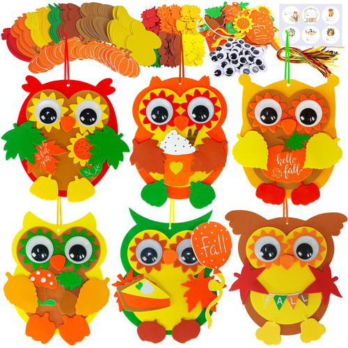 Winlyn 24 Sets Fall Craft Kits Halloween Thanksgiving Kids Crafts DIY Fall Owl with Pumpkin Ornaments Decorations Art Sets Pumpkin Autumn Leaf Foam Stickers Googly Eyes for Kids Classroom Activities